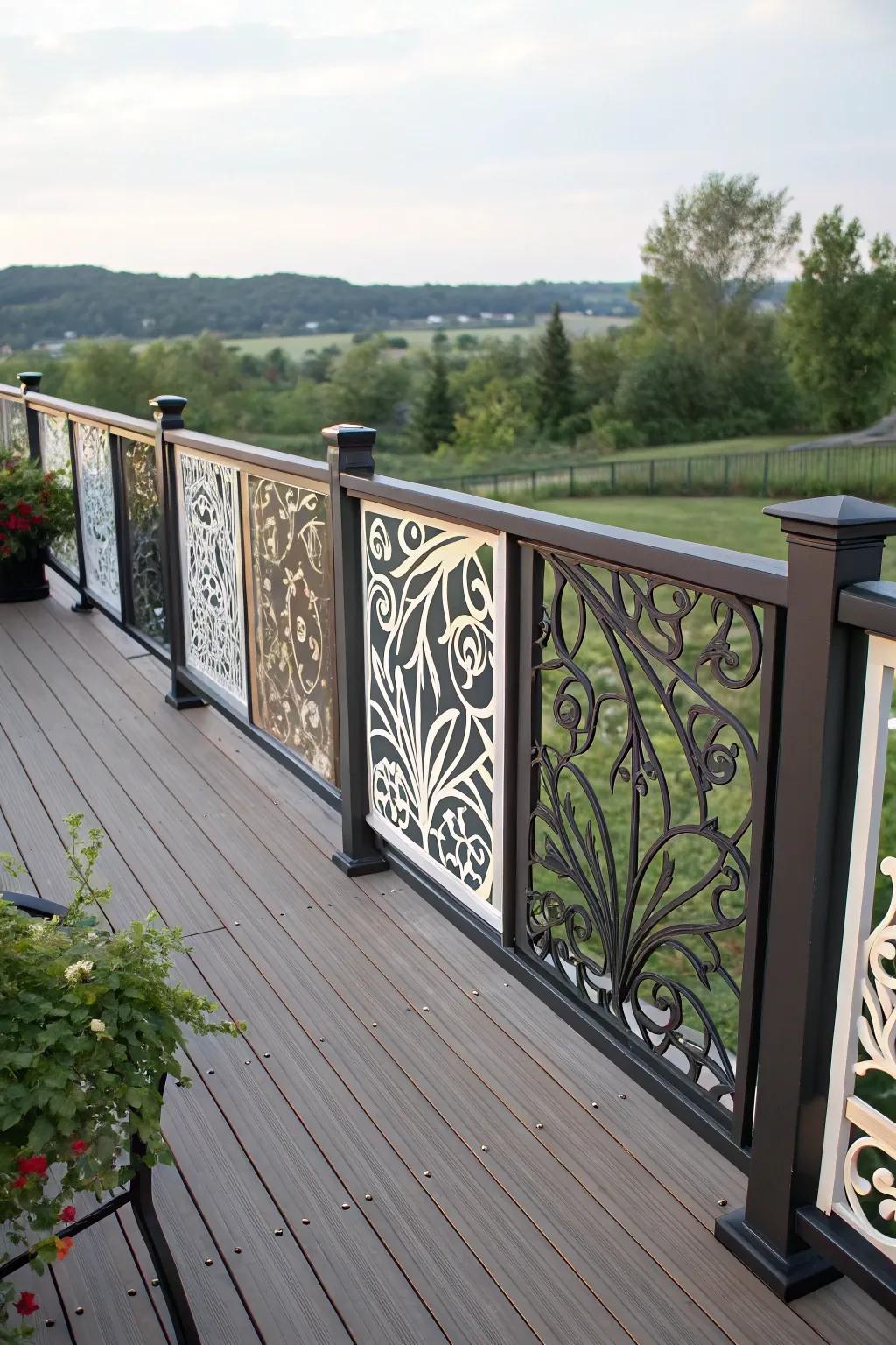 Decorative panels in railings add an artistic touch to your deck.