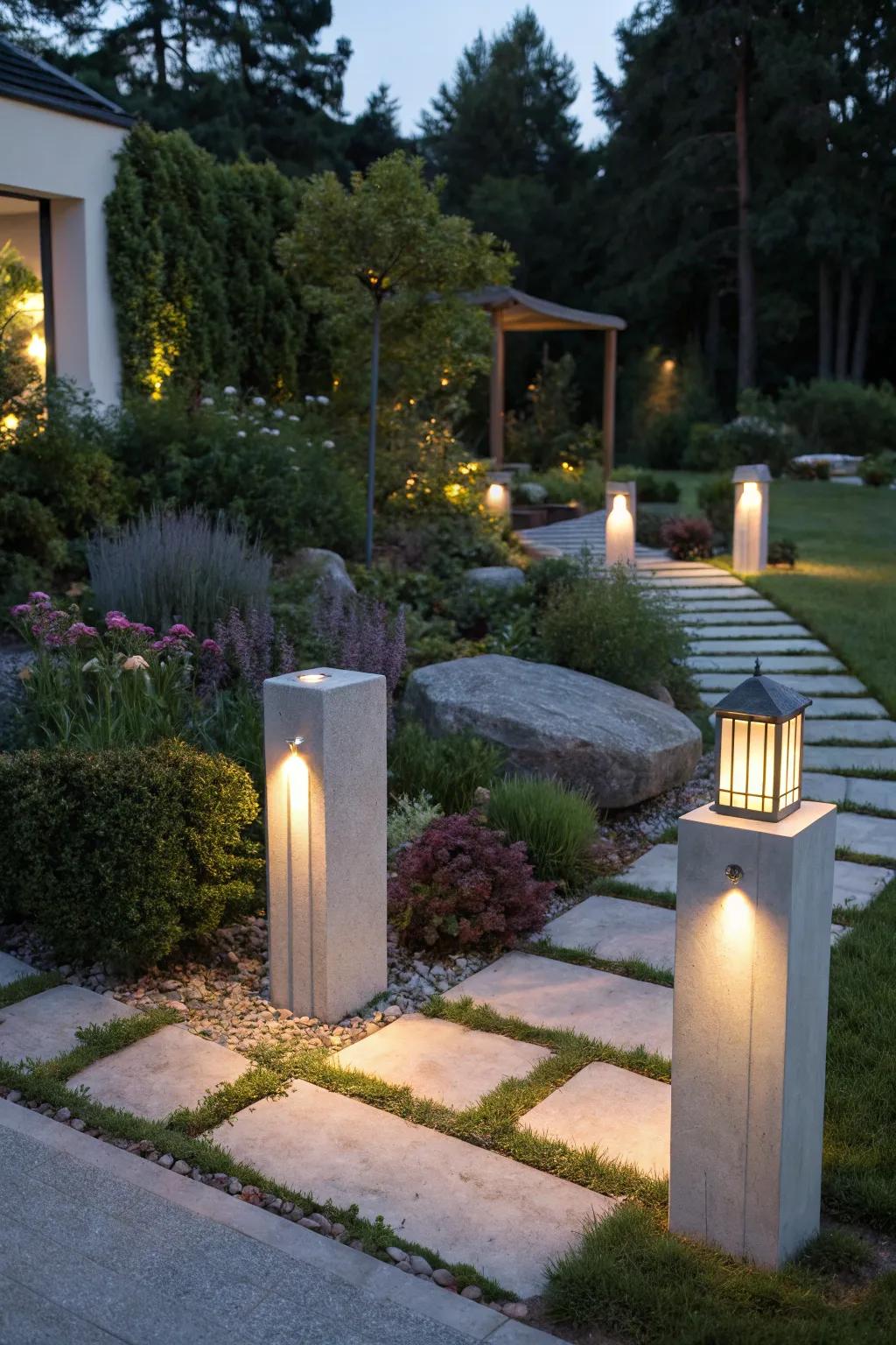 Concrete lighting fixtures enhance nighttime ambiance.