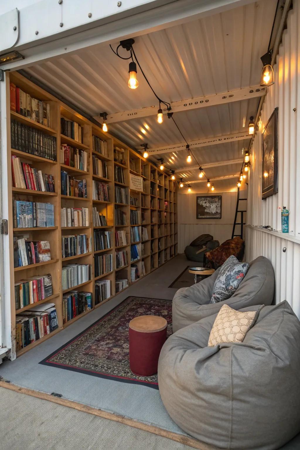 A shipping container library offers a tranquil escape for reading enthusiasts.