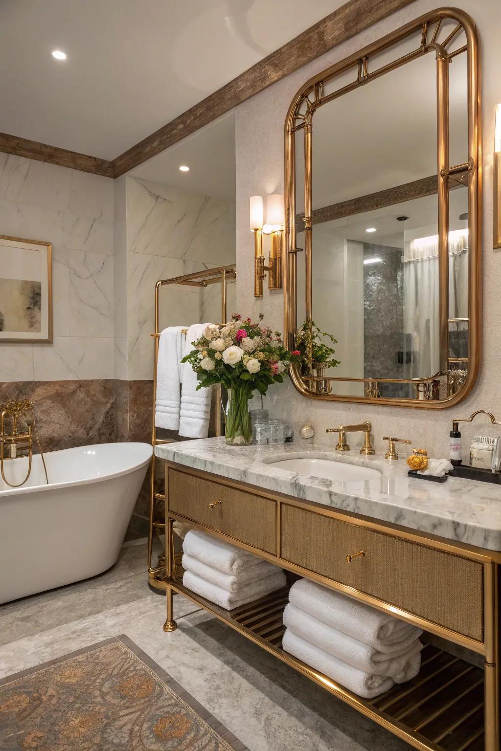 Copper-framed mirrors add elegance and cohesion.