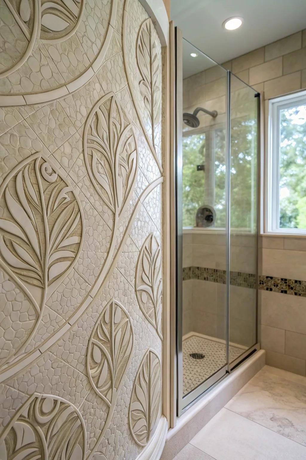 Curved tiles create an organic and unique shower design.