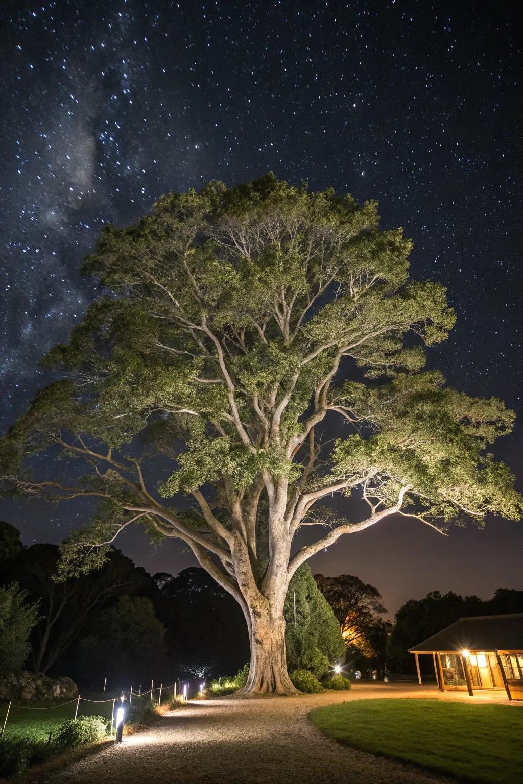 Majestic tree uplighting creating a grand garden feel.