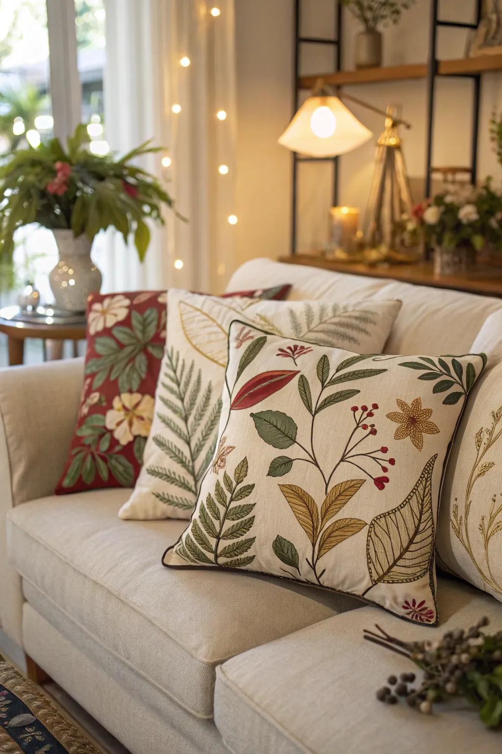 Natural motif pillows create a connection to the outdoors.