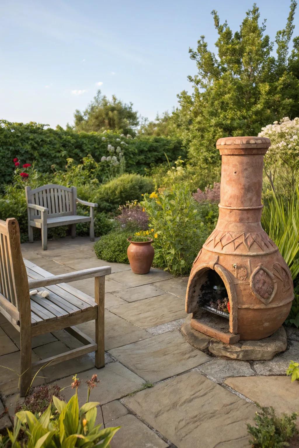 A rustic chiminea offers warmth and a traditional touch to your backyard.