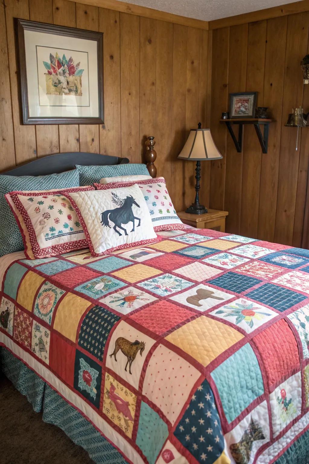 Patchwork quilts add handmade comfort and warmth.
