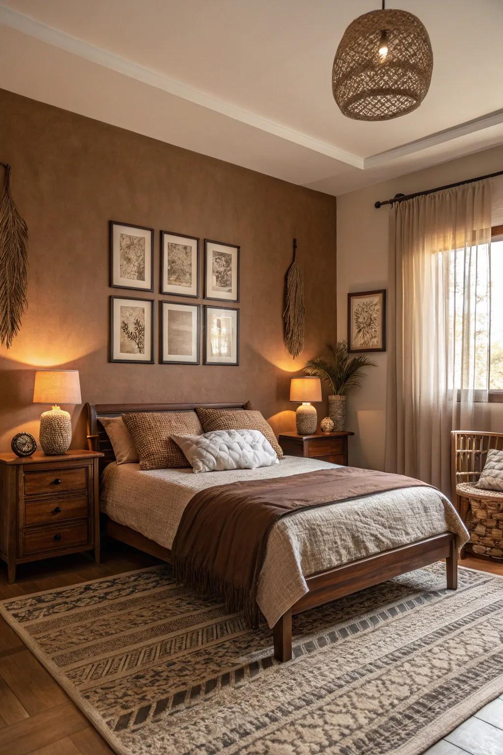 A bedroom designed with a calm monochrome brown theme.