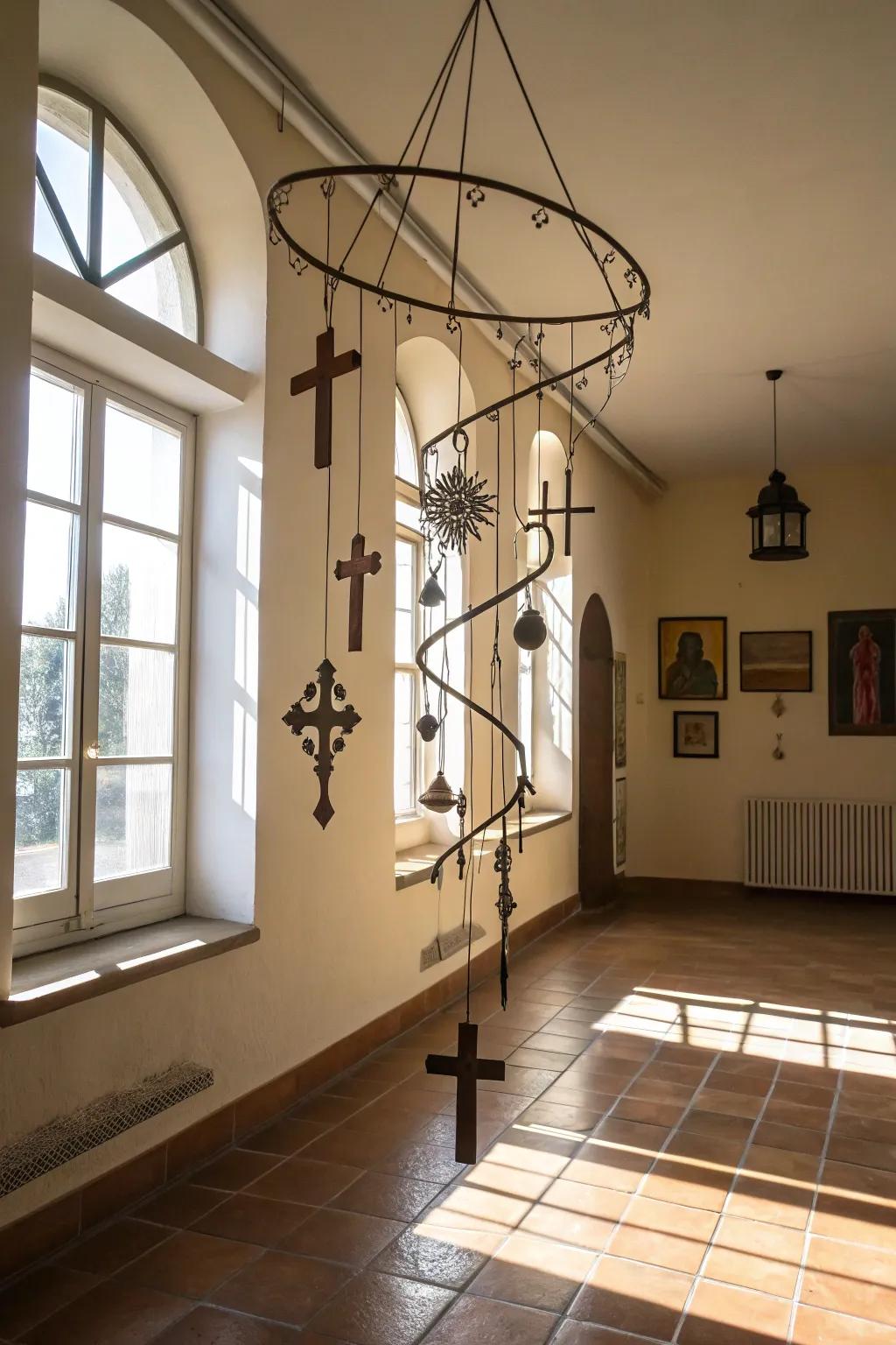 Spiral cross mobile in a bright room