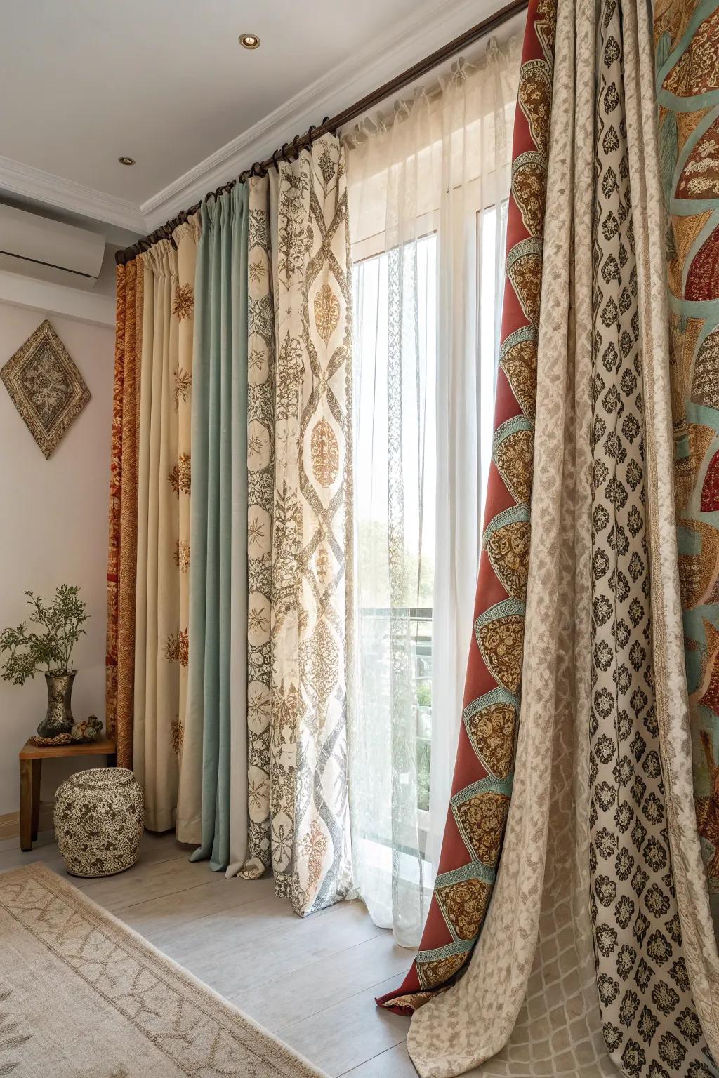 Eclectic mix of curtain fabrics for a unique style.