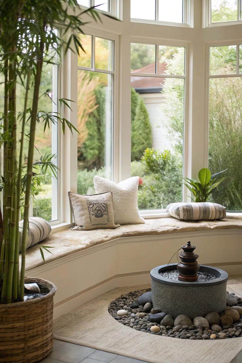 A serene Zen meditation spot in a curved bay window.