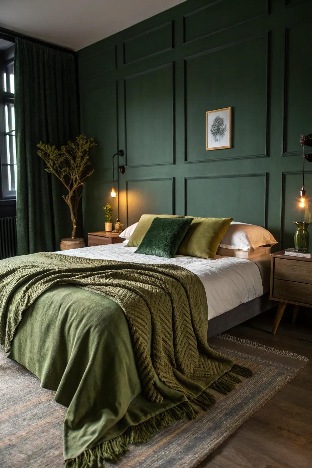 A dark green bedroom featuring an olive green throw blanket adding warmth and style.