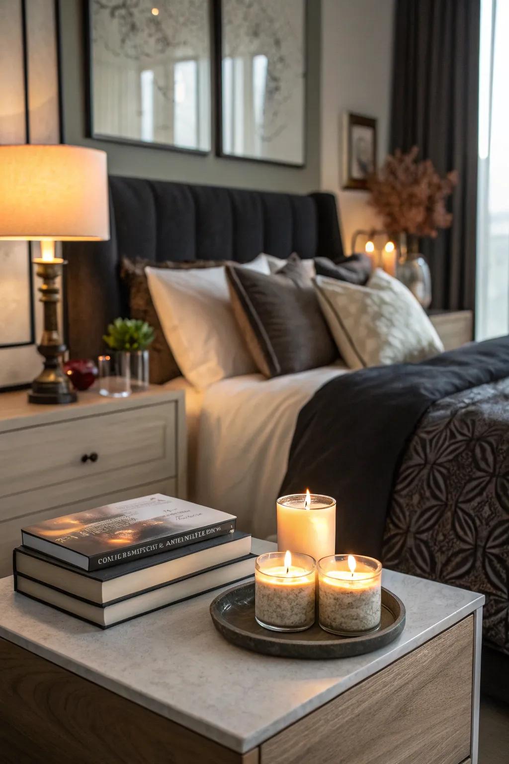 Masculine scented candles create a cozy, inviting atmosphere.