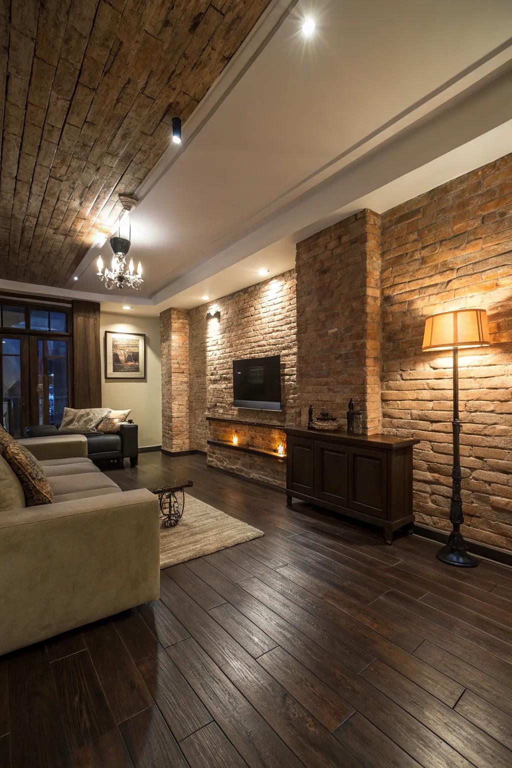 Textured walls add depth and interest to dark wood floors.