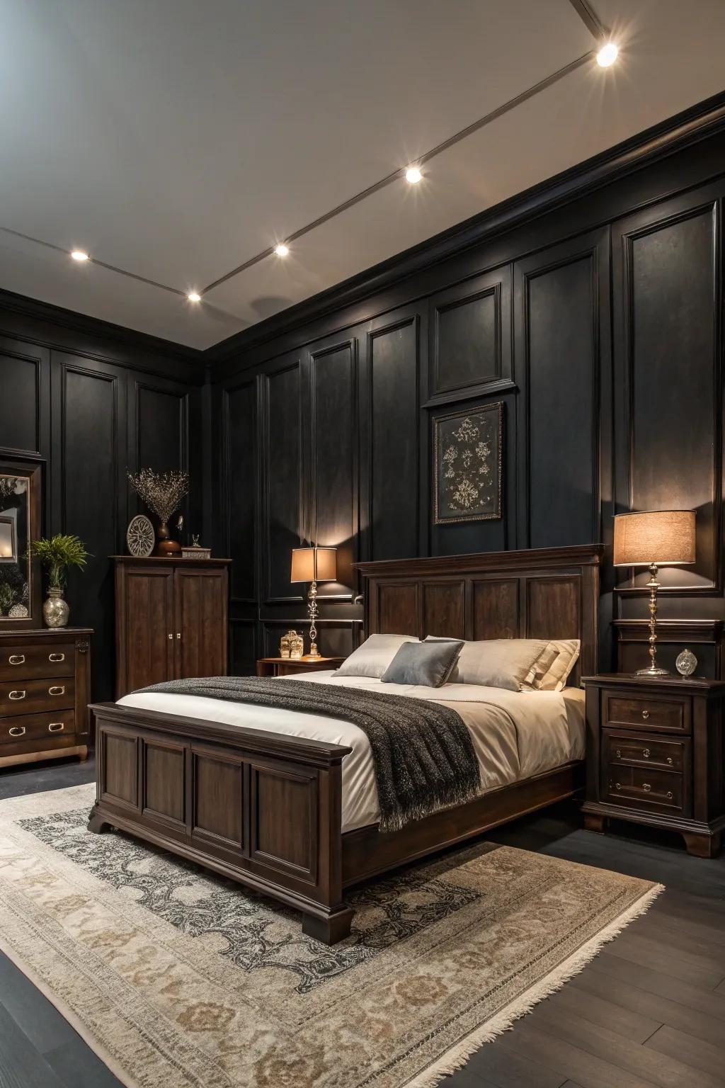 Black walls create a bold statement with dark wood.