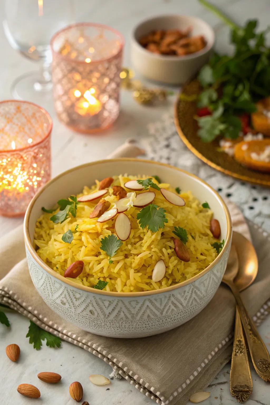 Saffron rice with almonds, an elegant and aromatic side dish for December.