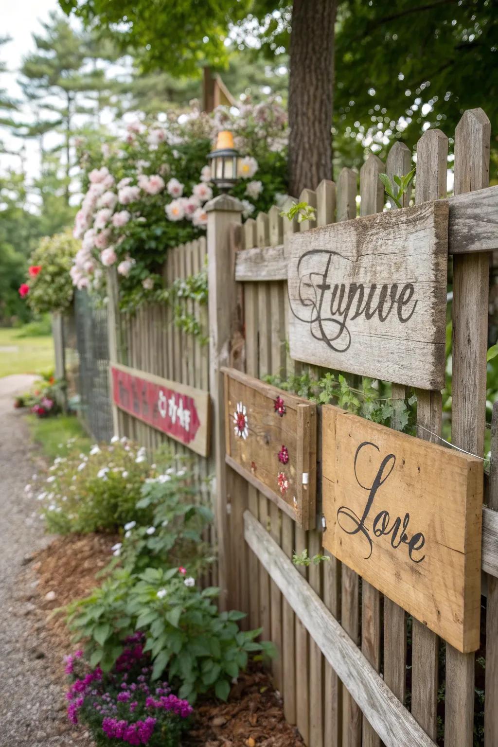 Custom signs personalize your fence with meaningful messages.