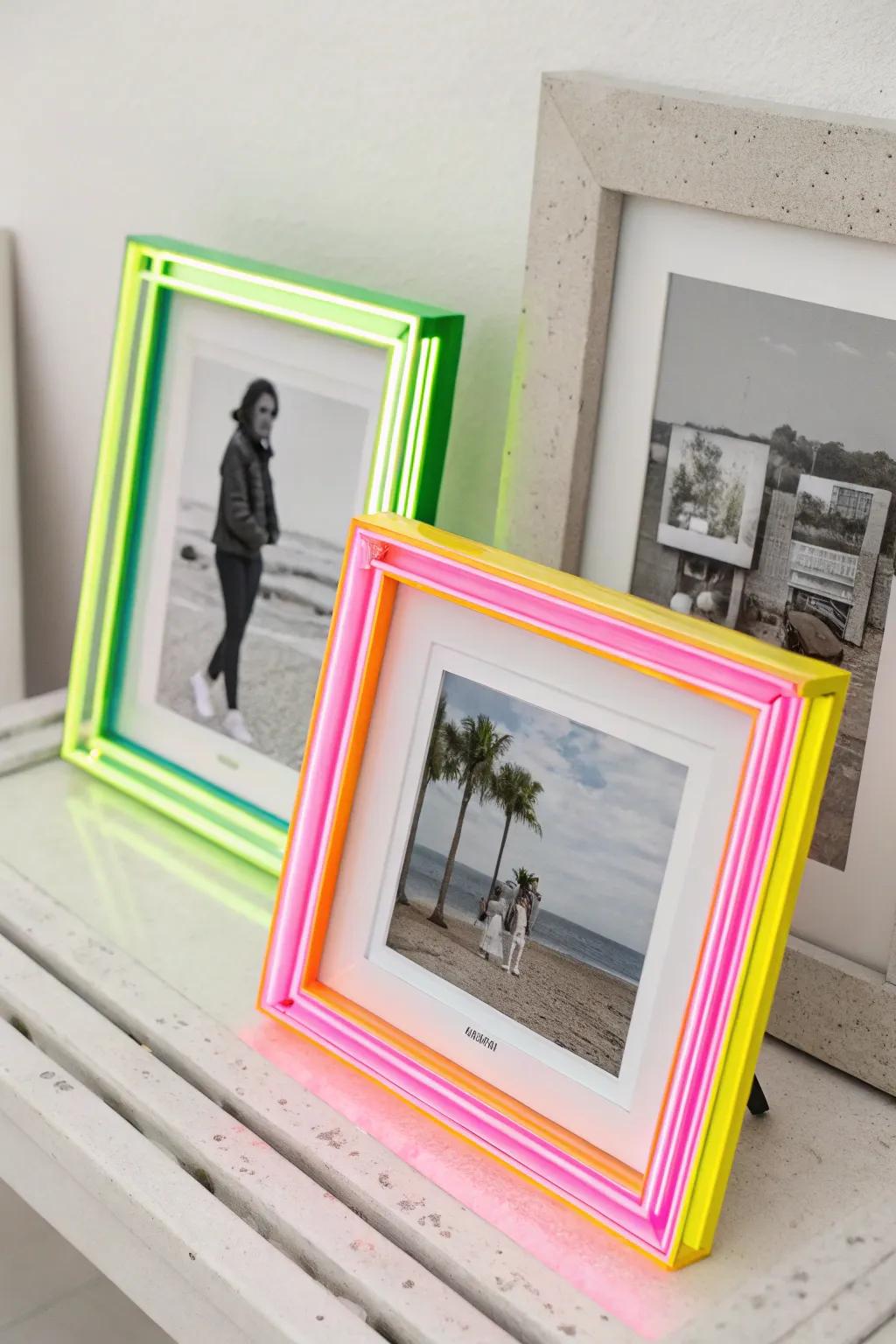 Neon accents on frames bring a playful and modern touch.