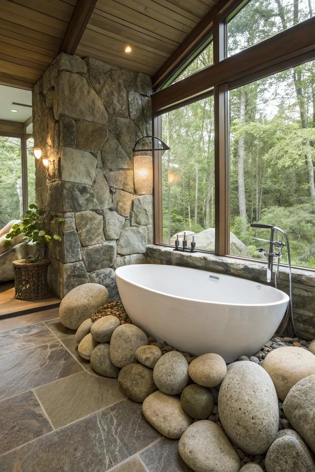 Bring the garden into your bathroom with large stones.