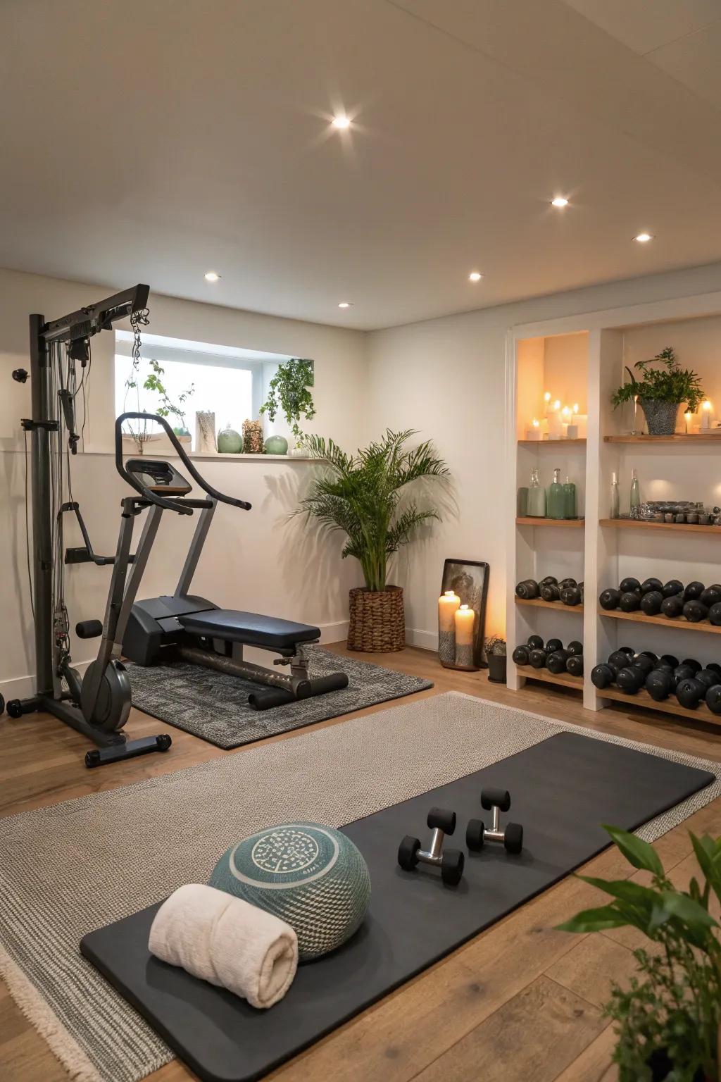 A tranquil area in the home gym dedicated to yoga and meditation practices.