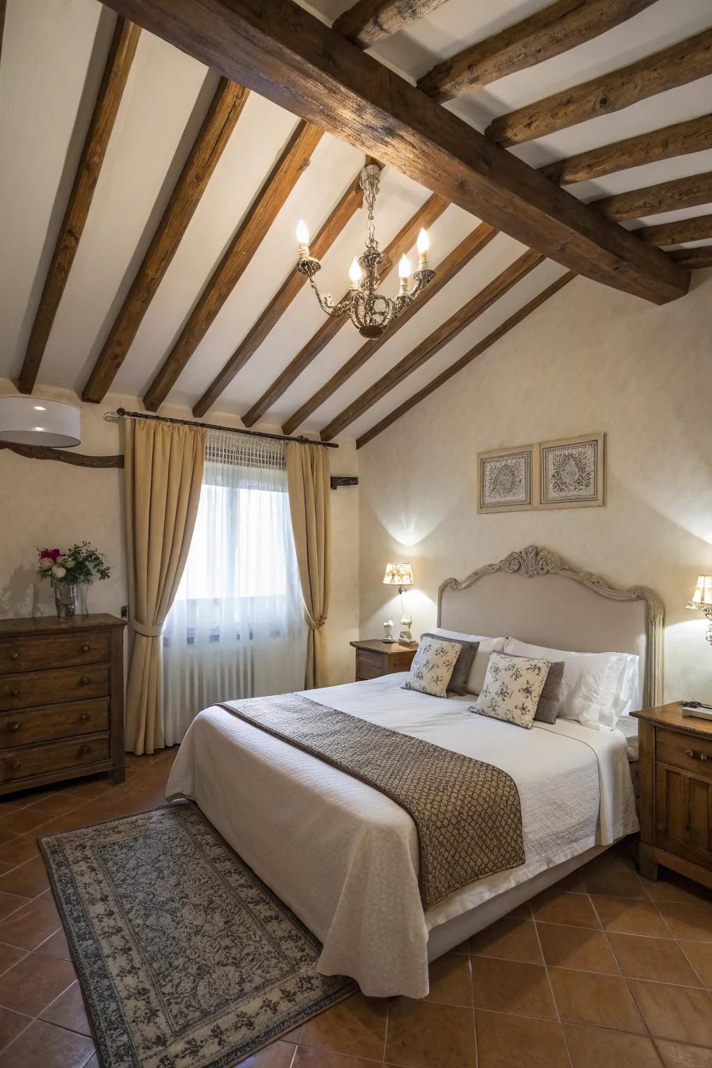 A decorative ceiling adds architectural interest to a diagonal bed.