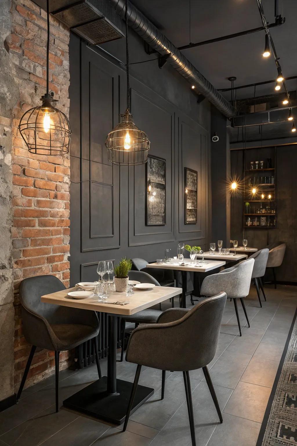 An intimate dining room wrapped in the mystery of charcoal gray.