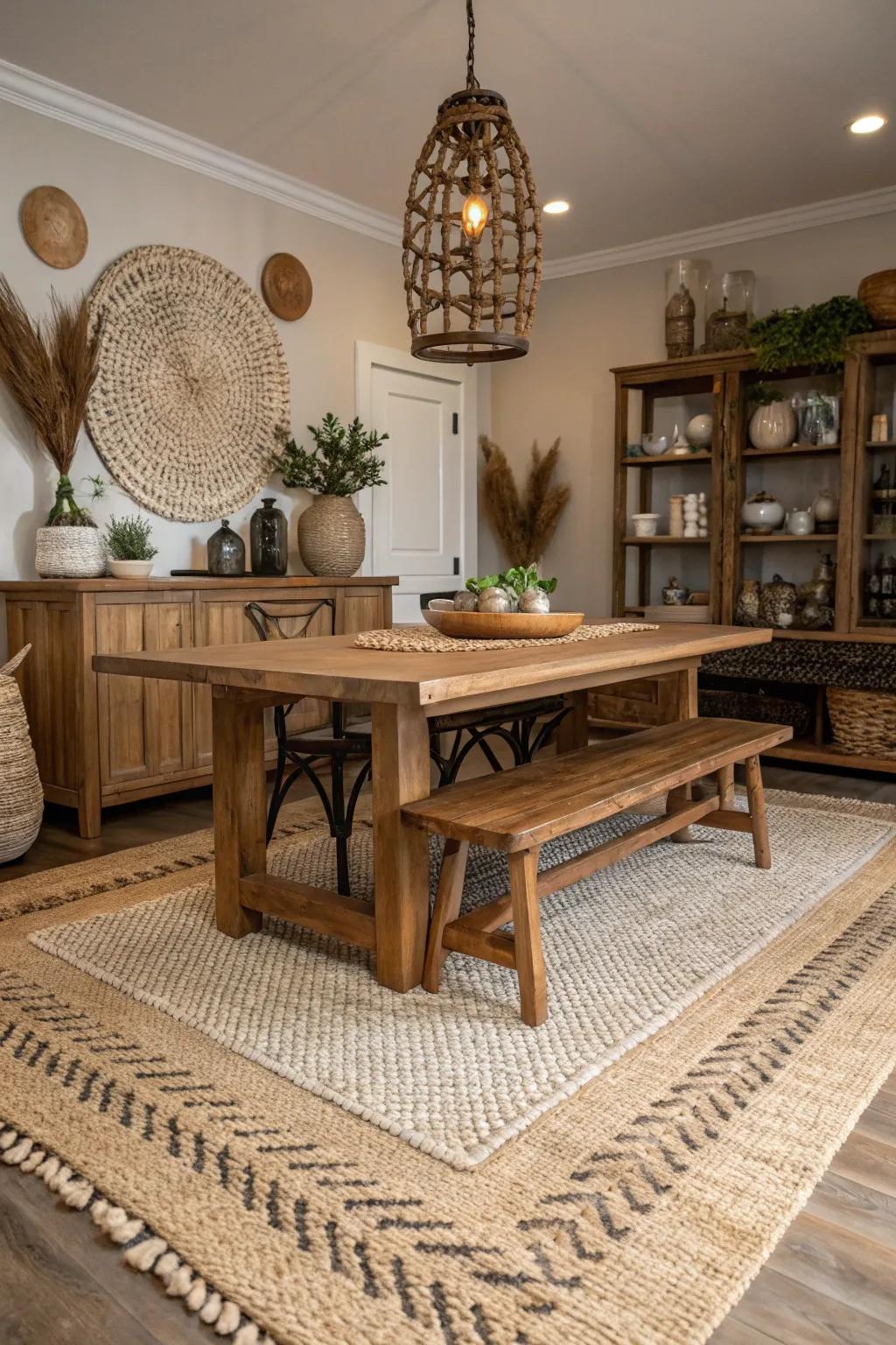 Woven rugs providing texture contrast in the dining room.