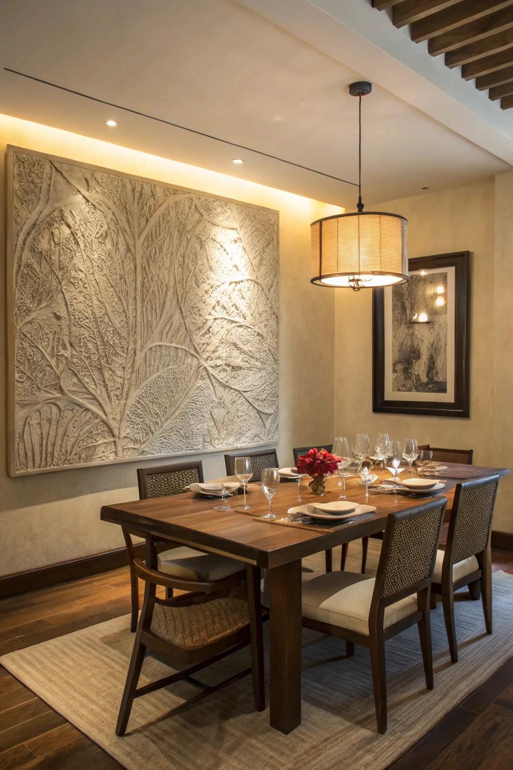 An extra-large canvas serves as a bold focal point in the dining room.