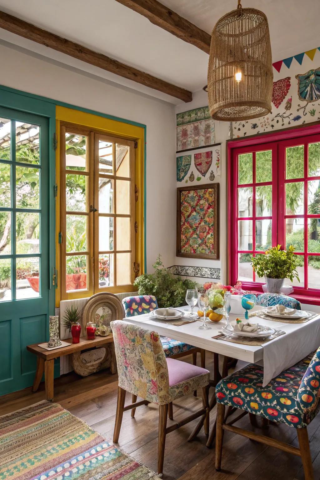 Colorful frames add personality and a pop of color to your dining room windows.