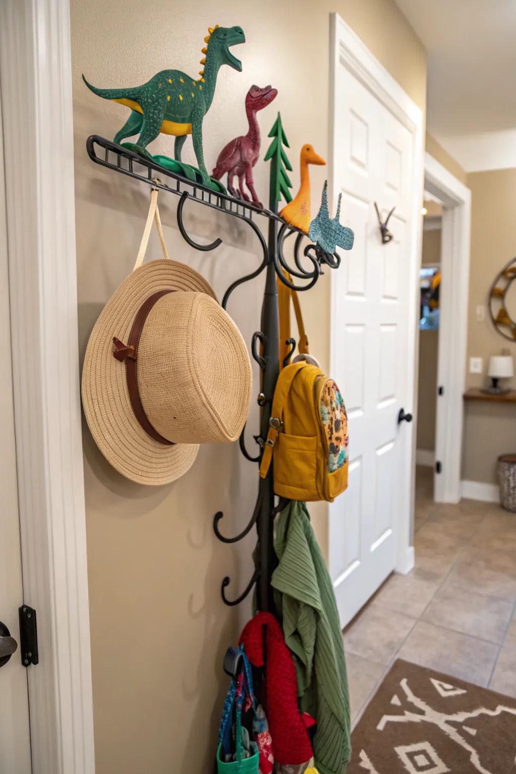 A dinosaur-themed hat rack adding fun to organization.