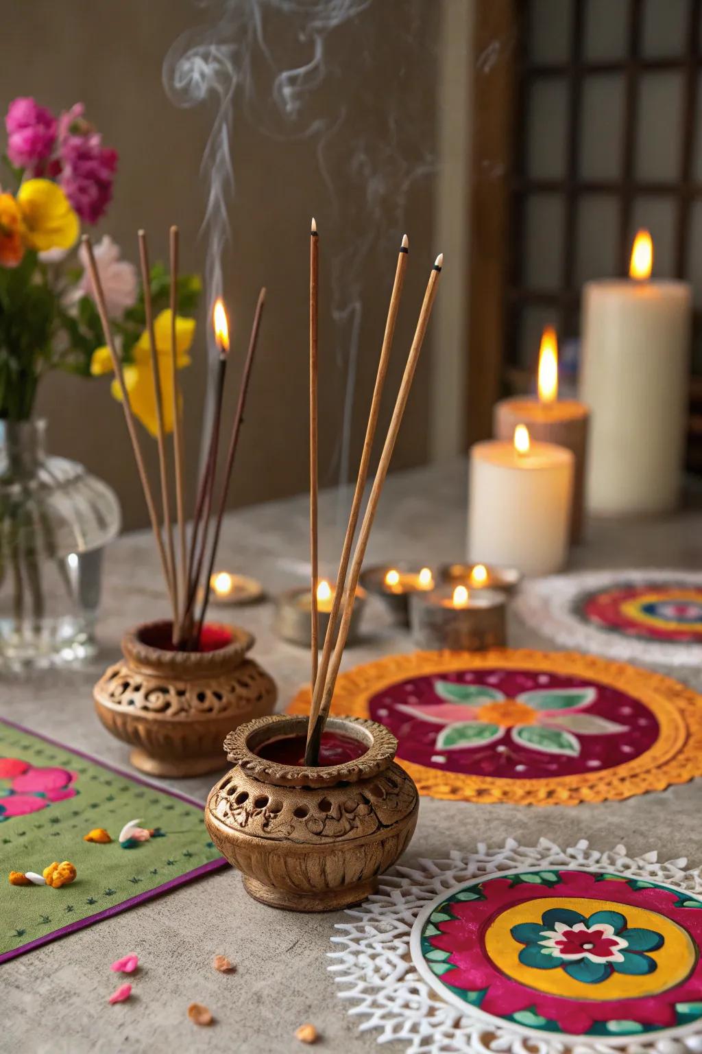 Incense sticks in decorative holders create a calming and aromatic atmosphere on the table.