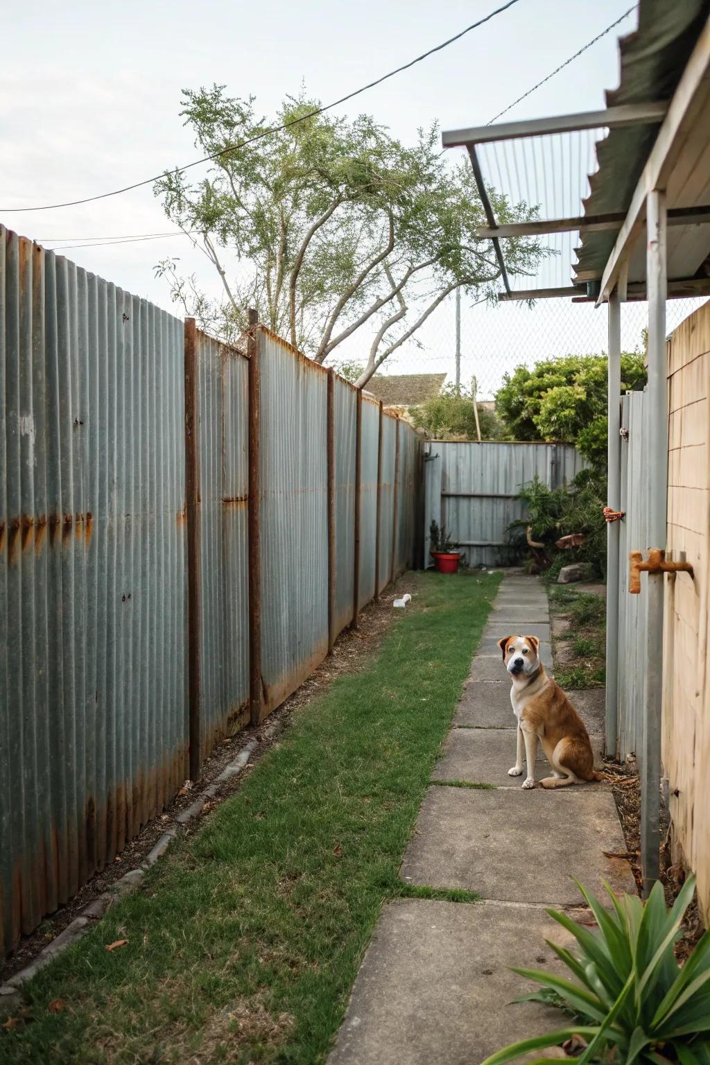 A corrugated metal fence offering industrial chic and robust security.