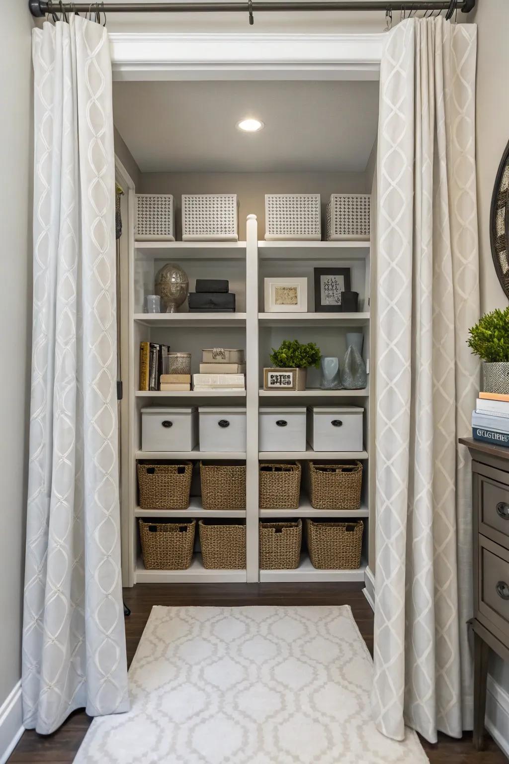 Maintain a clean look by concealing storage areas with curtains.