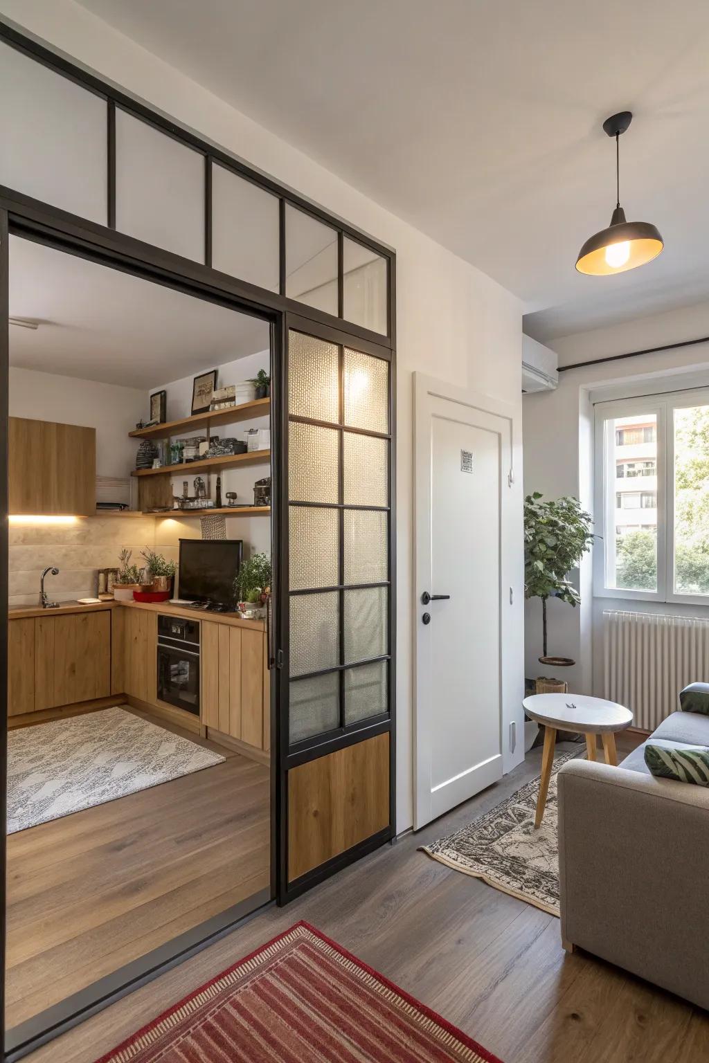 Hybrid doors offer versatile partitioning in compact areas.