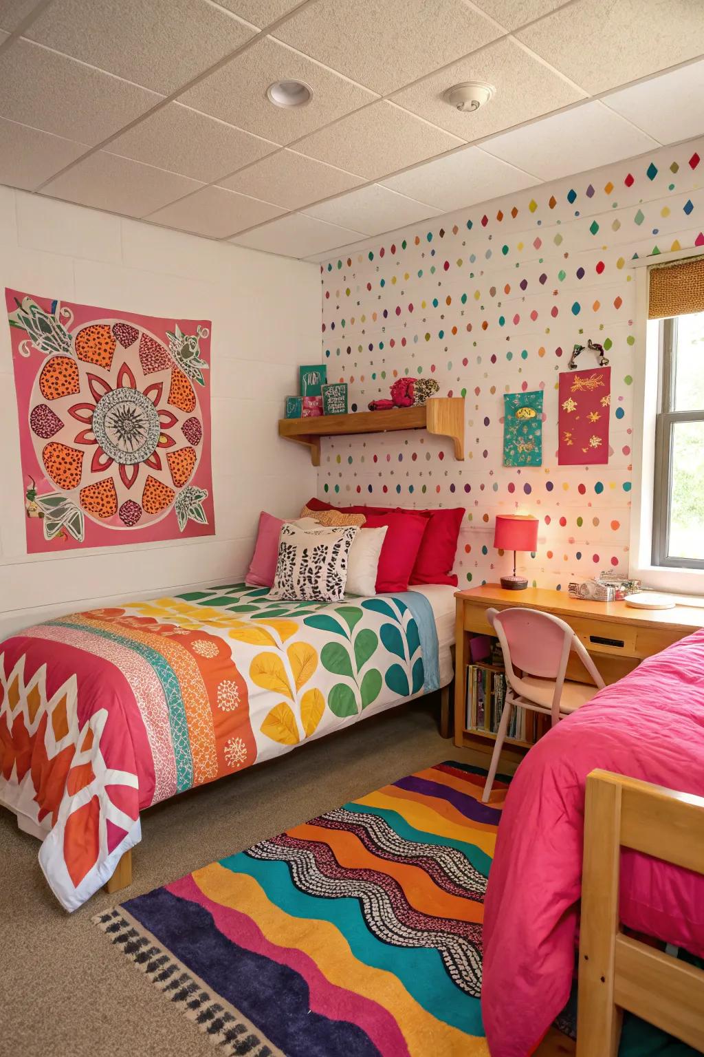 Playful patterns and bold colors create a lively and dynamic space.