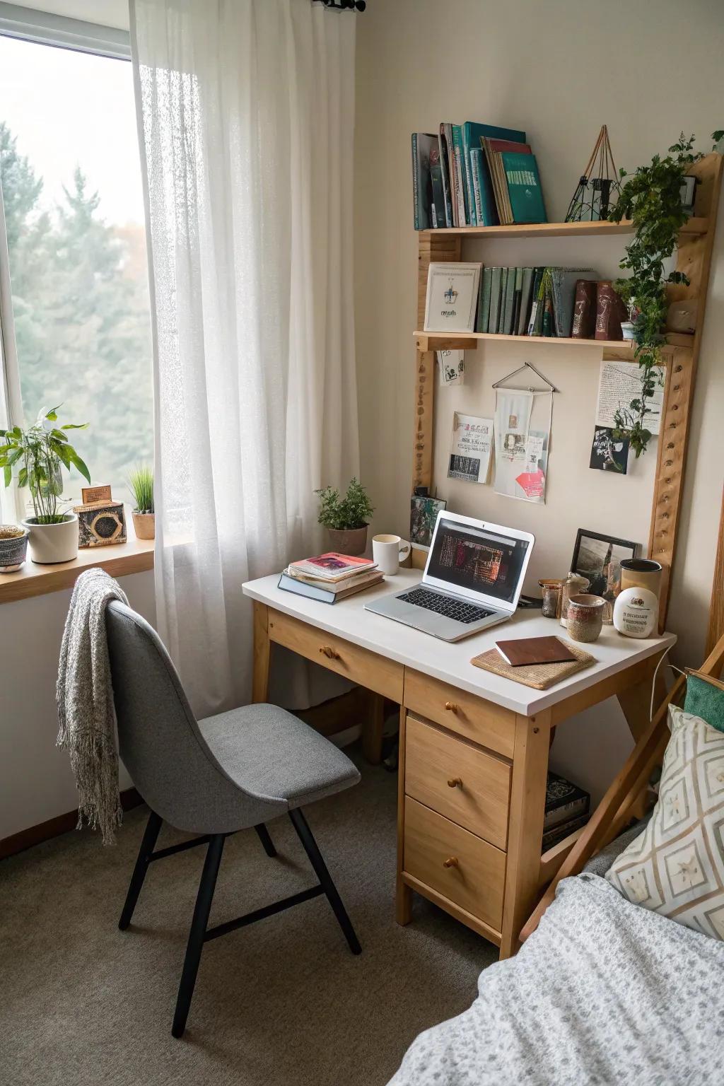 A functional desk area in a dorm room, supporting study and leisure activities.