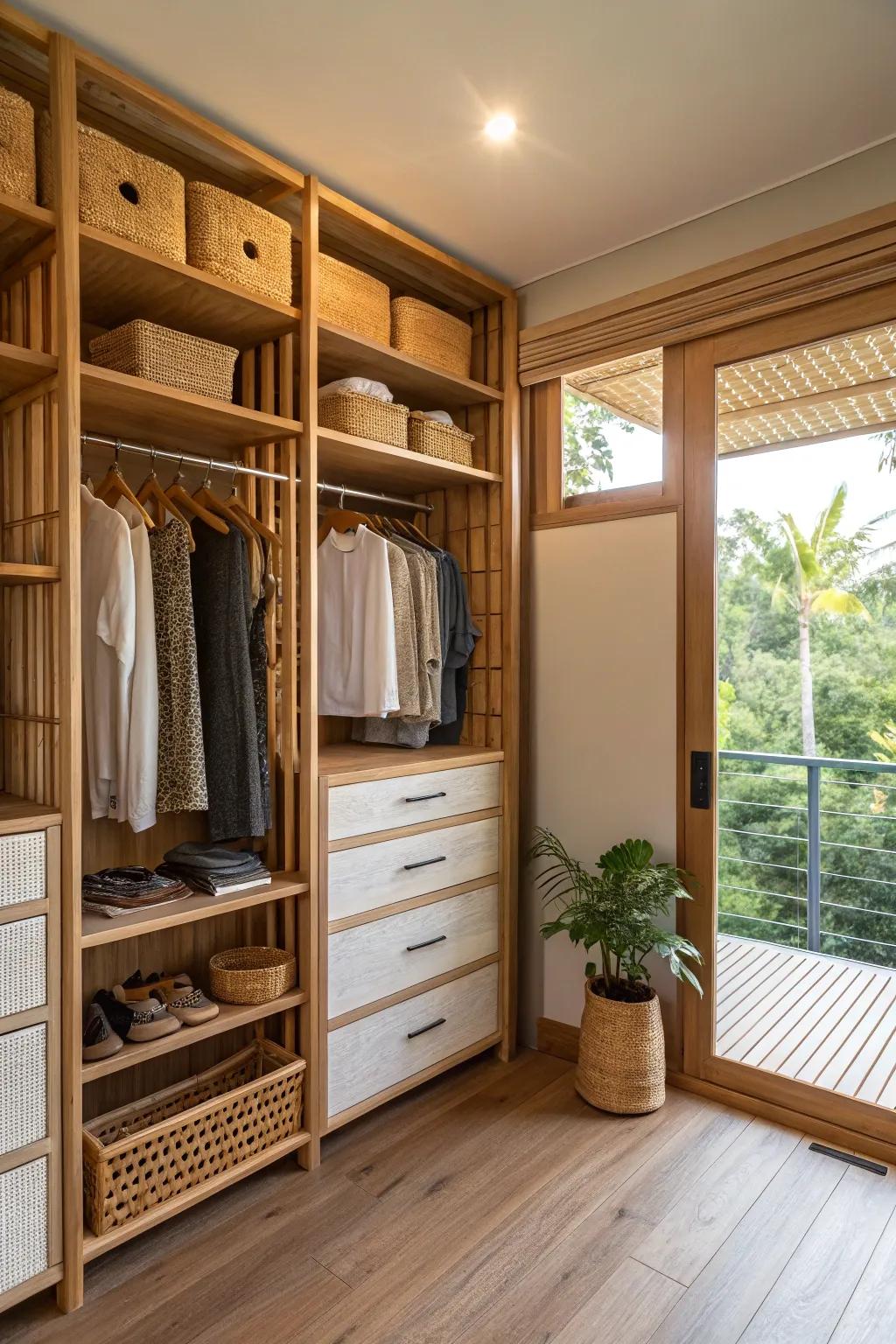 Eco-friendly materials bring sustainability and beauty to a double closet.