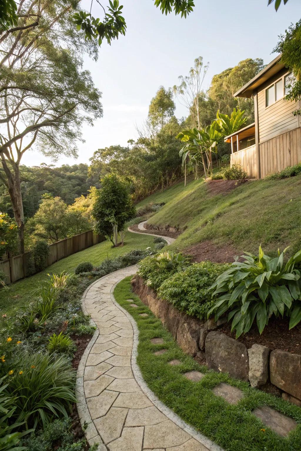 Serpentine paths create a whimsical journey through sloped gardens.