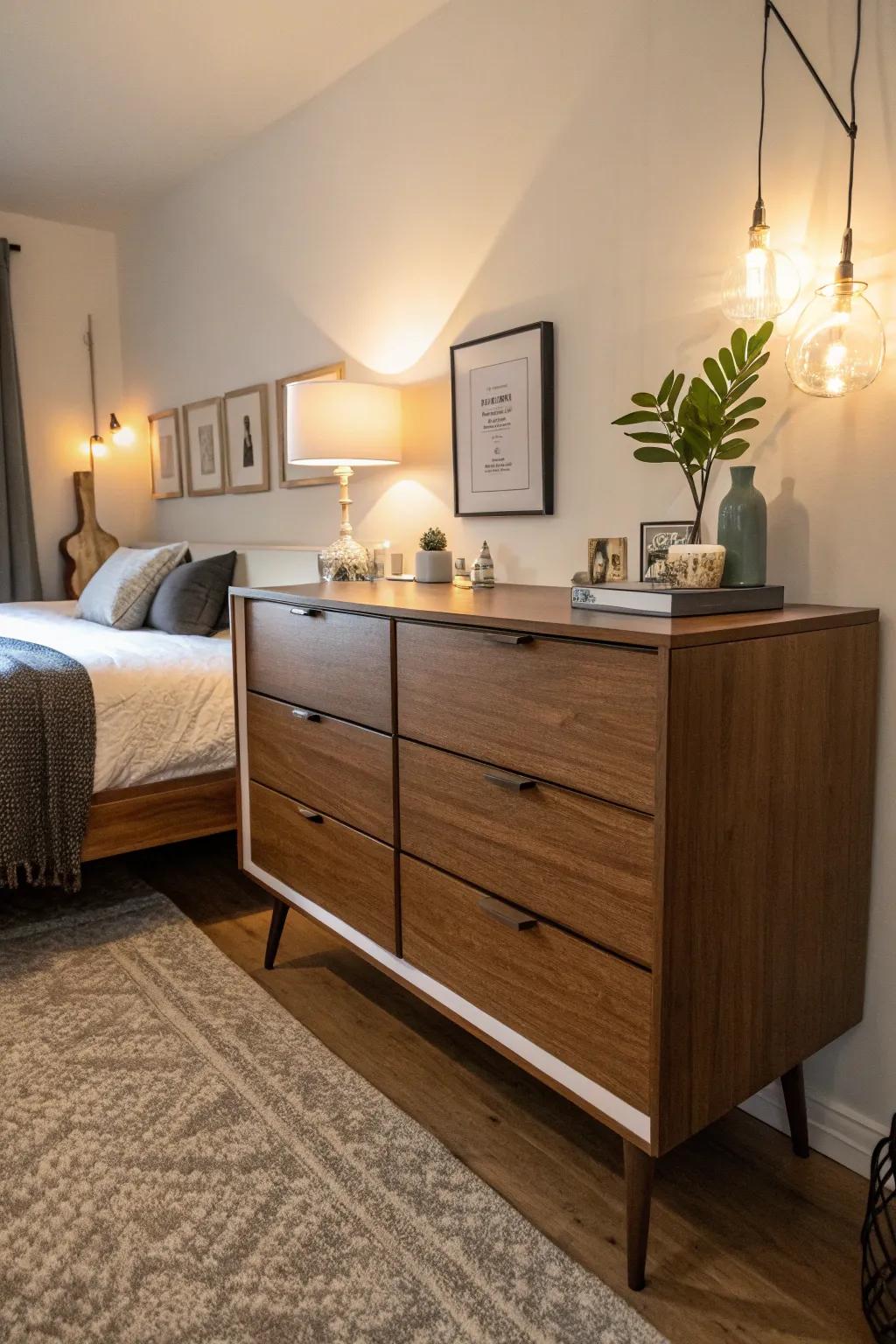 A mid-century modern dresser providing functional elegance in a small bedroom.