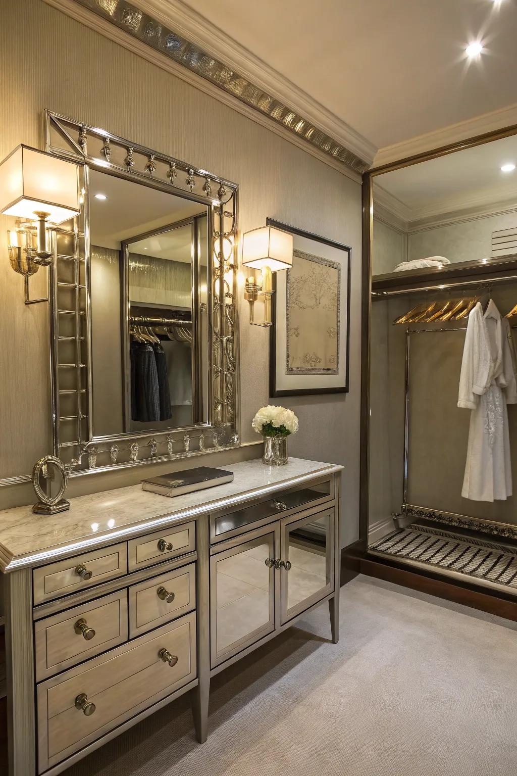 Metallic accents elevate the elegance of your dressing room.