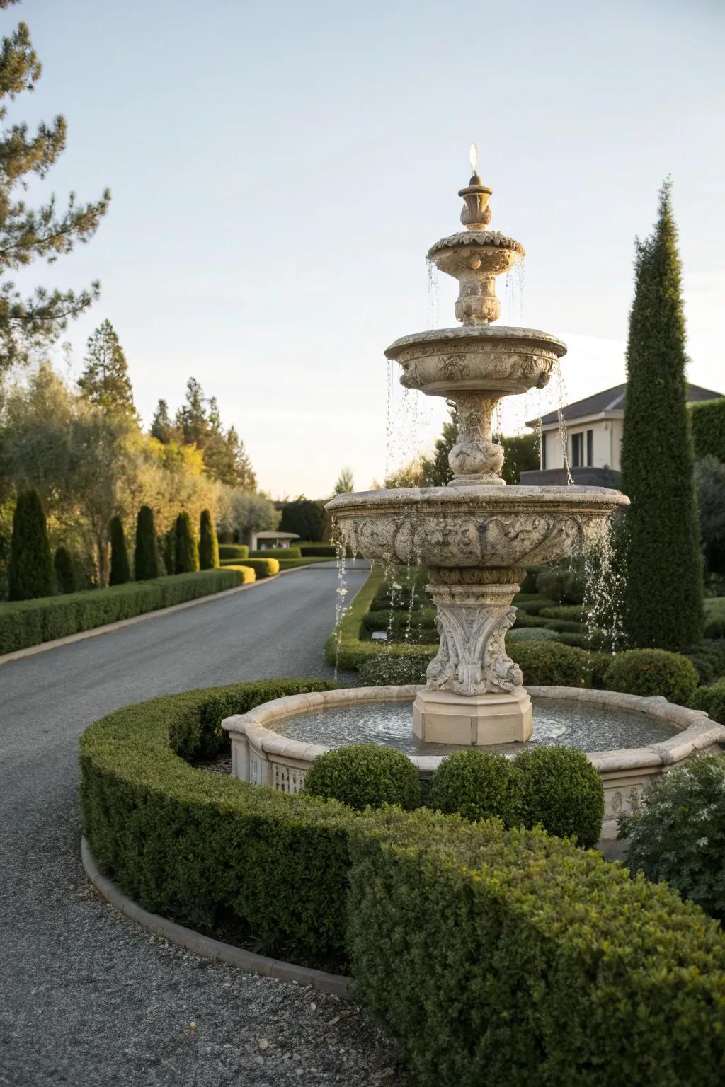 A classic tiered fountain offers timeless elegance.