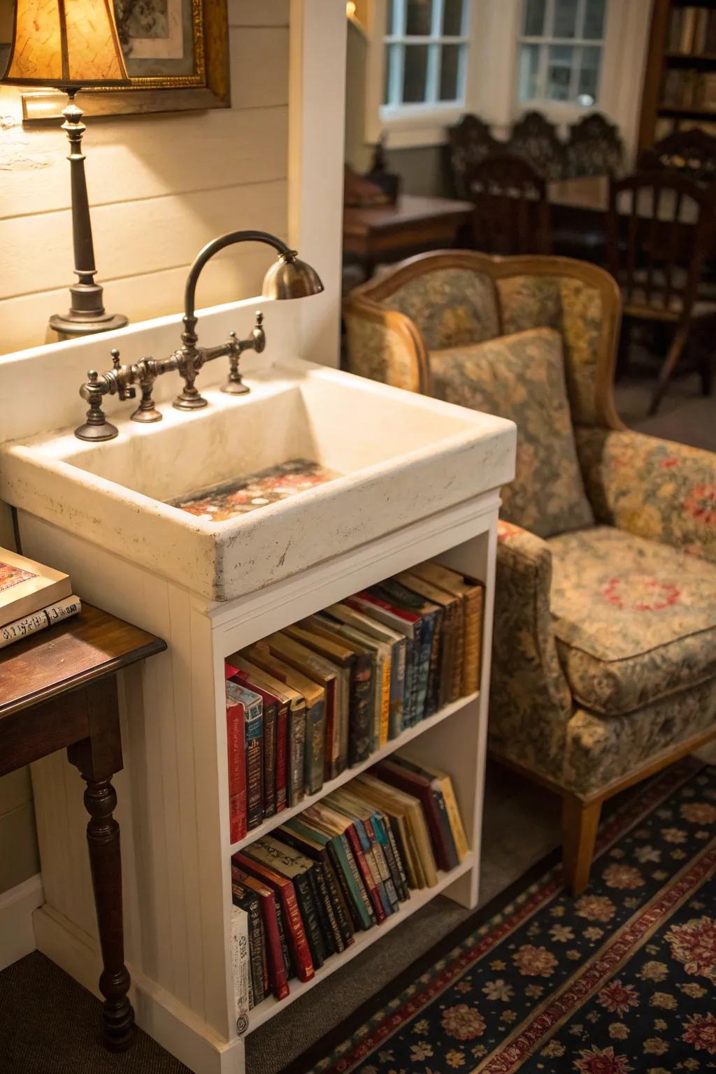 A mini library created from a vintage dry sink.