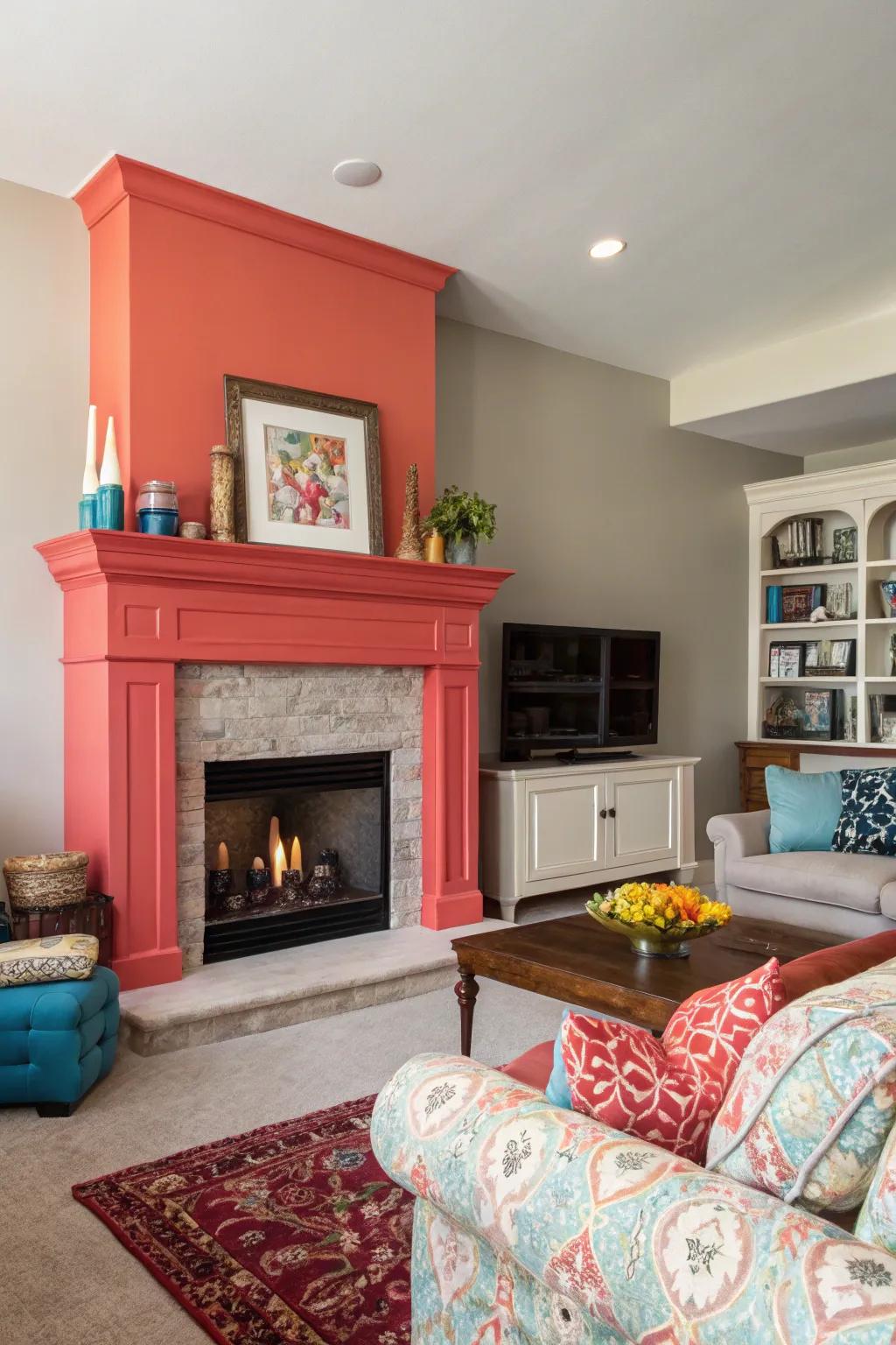 A bold color makes a drywall fireplace the room's focal point.