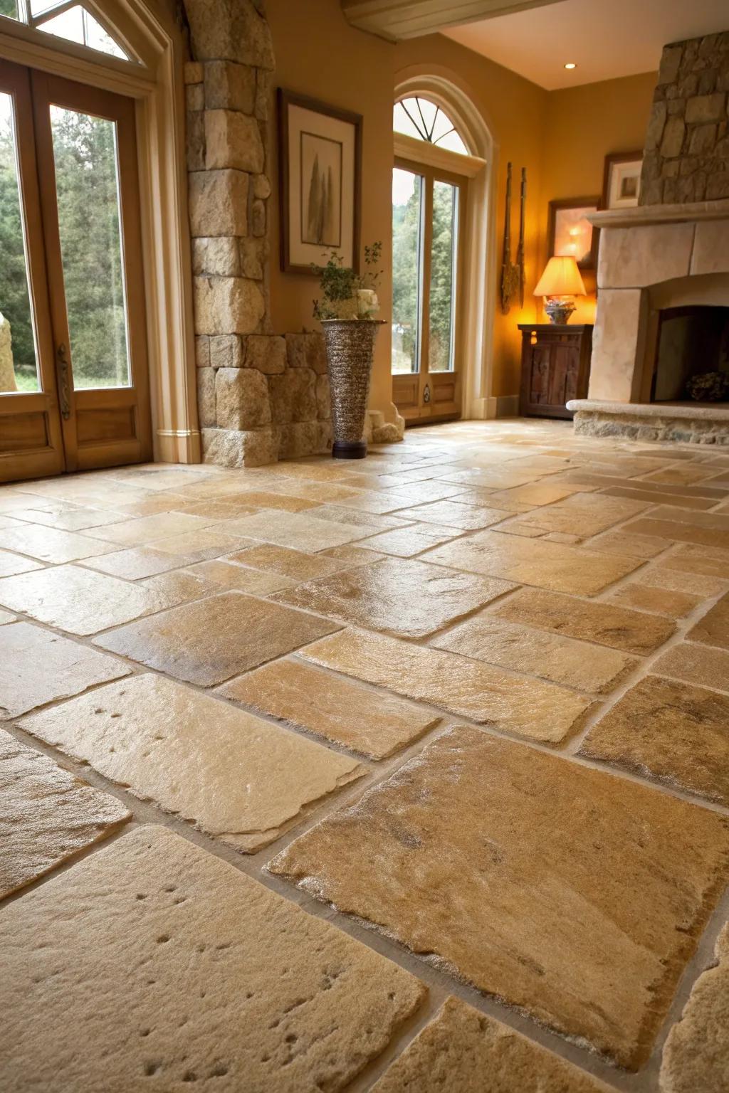 Room featuring natural stone tiles for a luxurious touch.