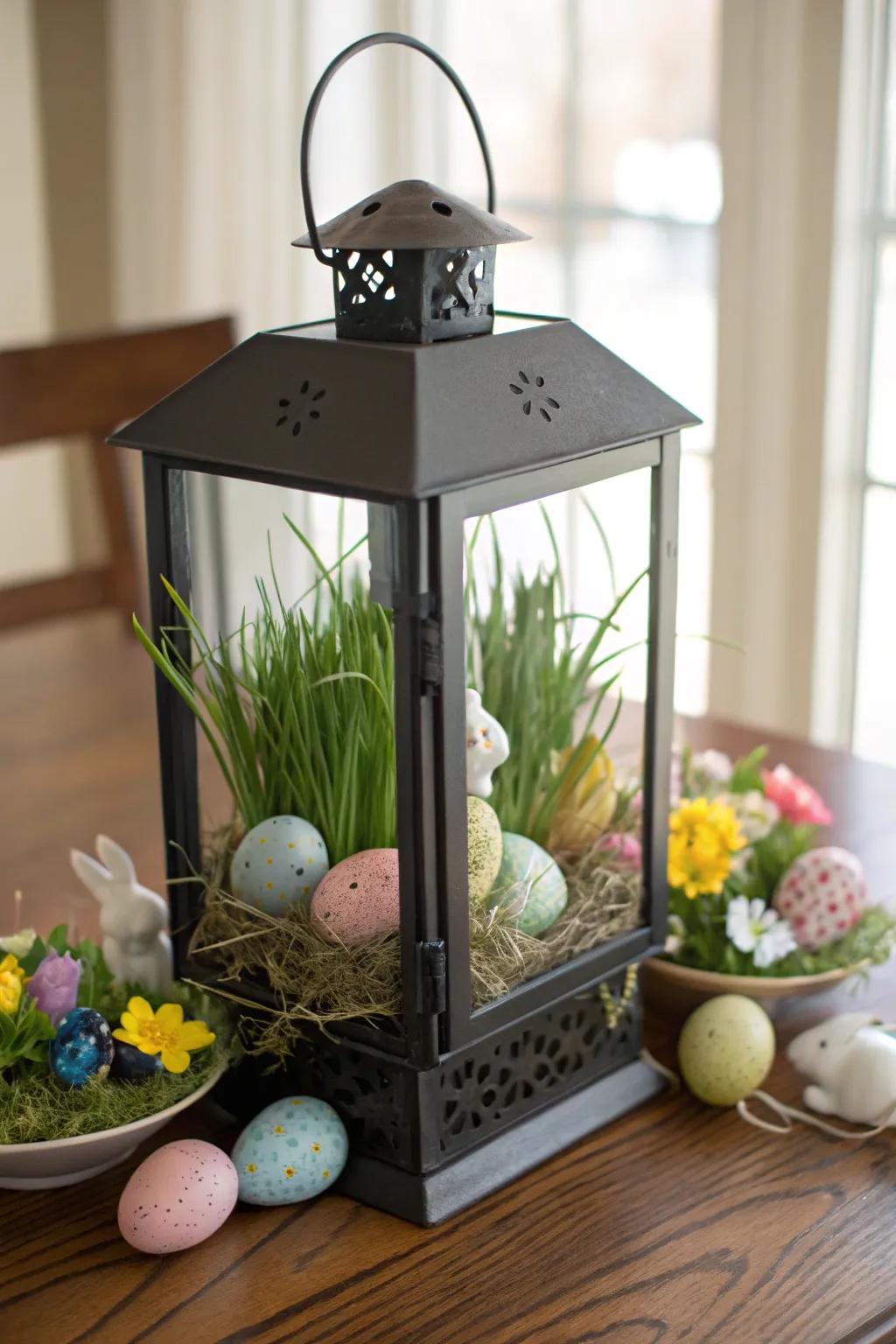 Decorative grass adds texture and depth to lantern displays.