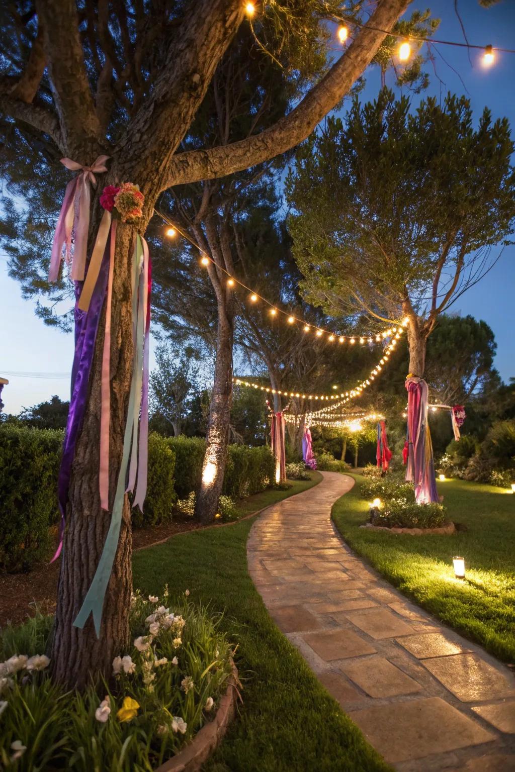 Decorated trees add magic to the garden setting.