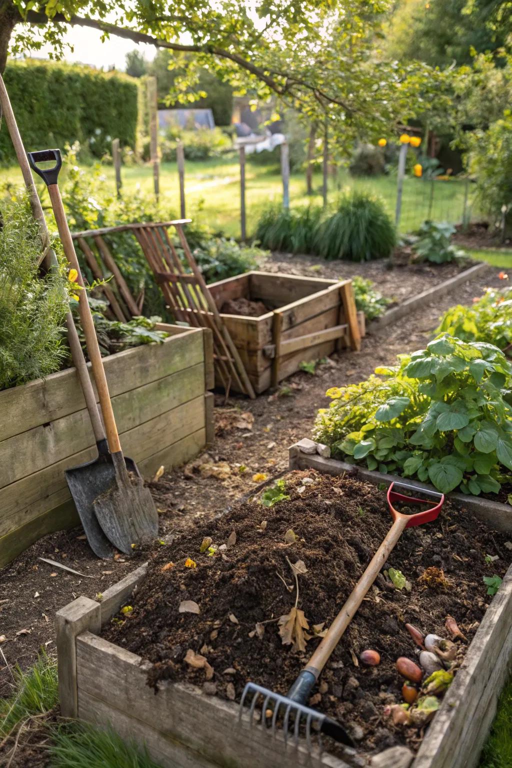 Sustainable practices like composting enhance garden health.