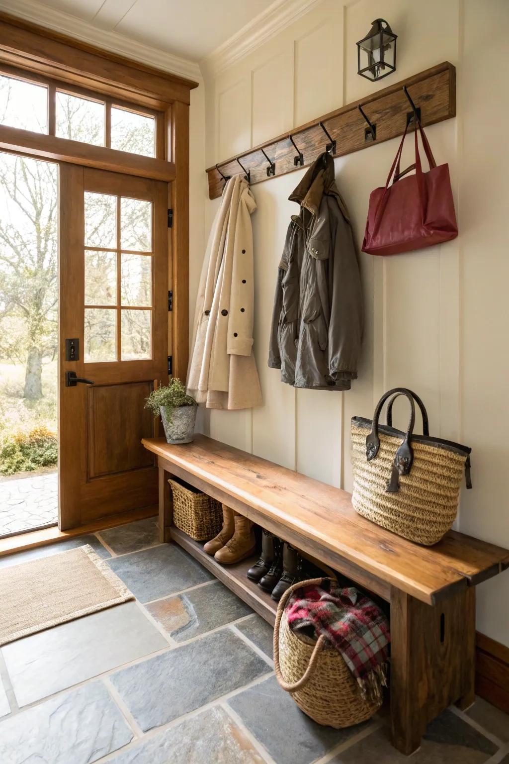 Hooks above the bench provide practical storage for coats and bags.