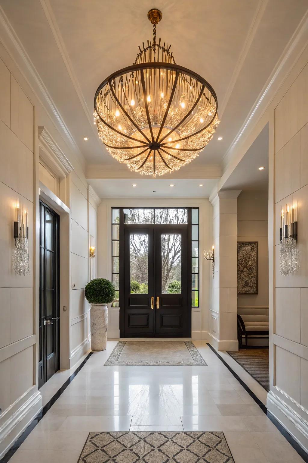 An entryway featuring an oversized sculptural light fixture for a bold statement.