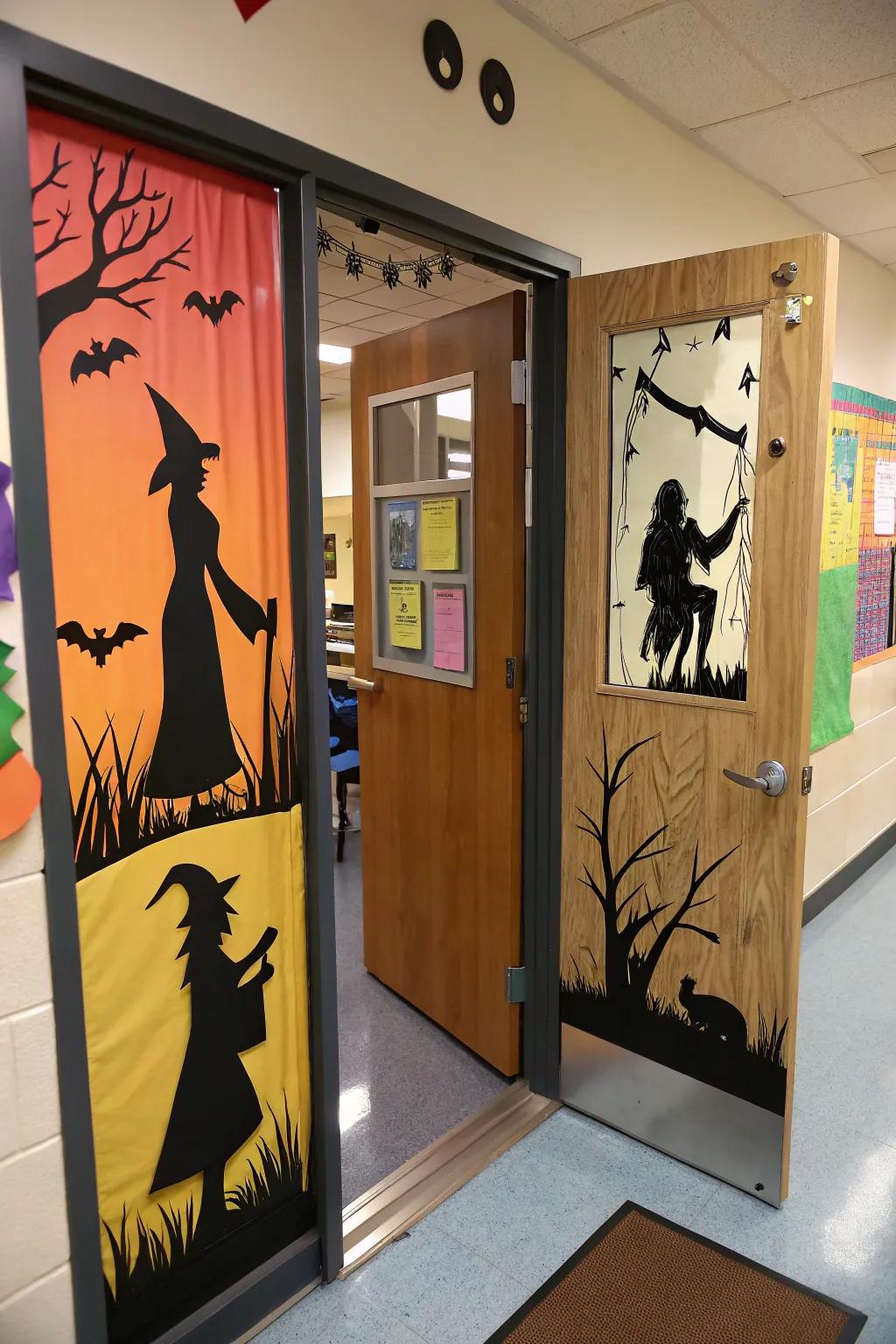 Spooky silhouette door decor for a mysterious vibe.