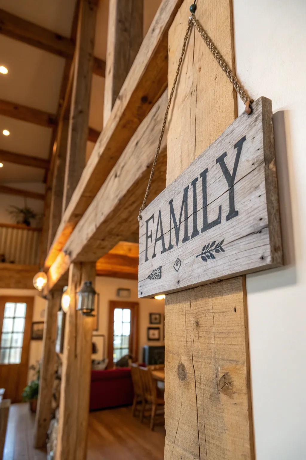 A reclaimed wood family name sign bringing rustic charm to a home.