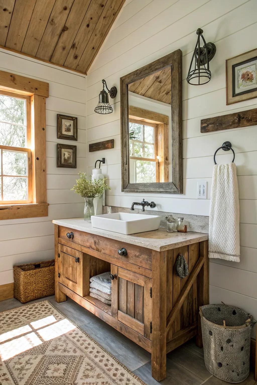 Reclaimed wood infuses the bathroom with warmth and a sense of history.